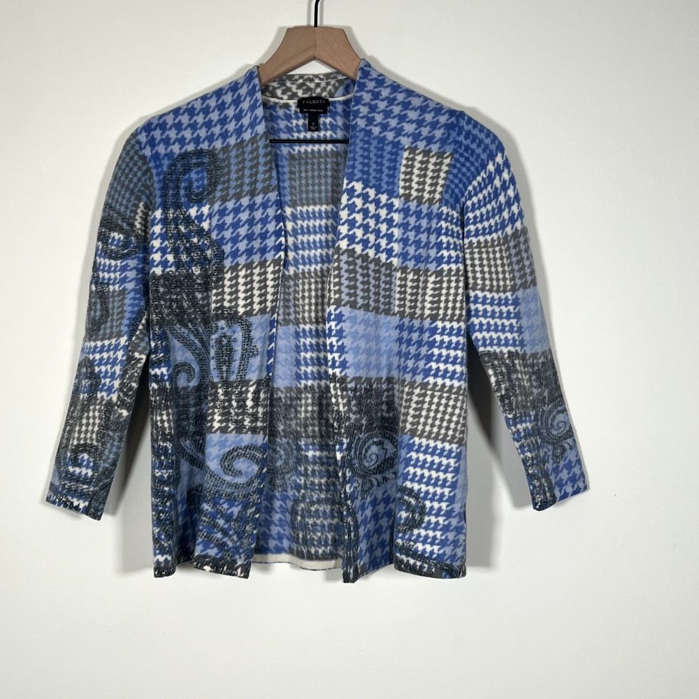 Talbots Womens Size S Merino Wool Blue Open Front Cardigan Houndstooth Paisley